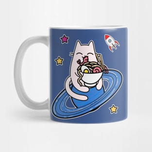 Cartoon cat astronaut in space with bowl of ramen Mug